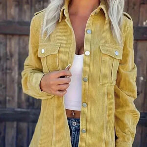 Yellow Casual Women's Solid Color Corduroy Fold-Over Pocket Shirt